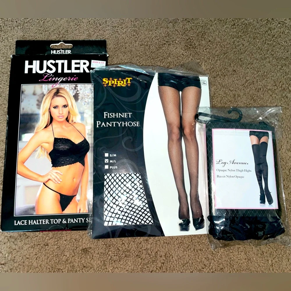 NWT Lingerie Set: Halter, Panty, Fishnet Pantyhose & Thigh High Tights - OS